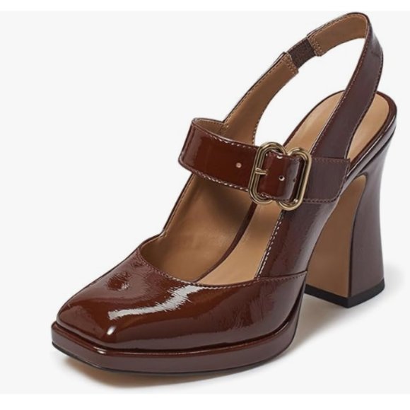 FYS Chocolate Platform Square Toe Chunky High Heel Mary Janes Slingback Pumps - Picture 1 of 8